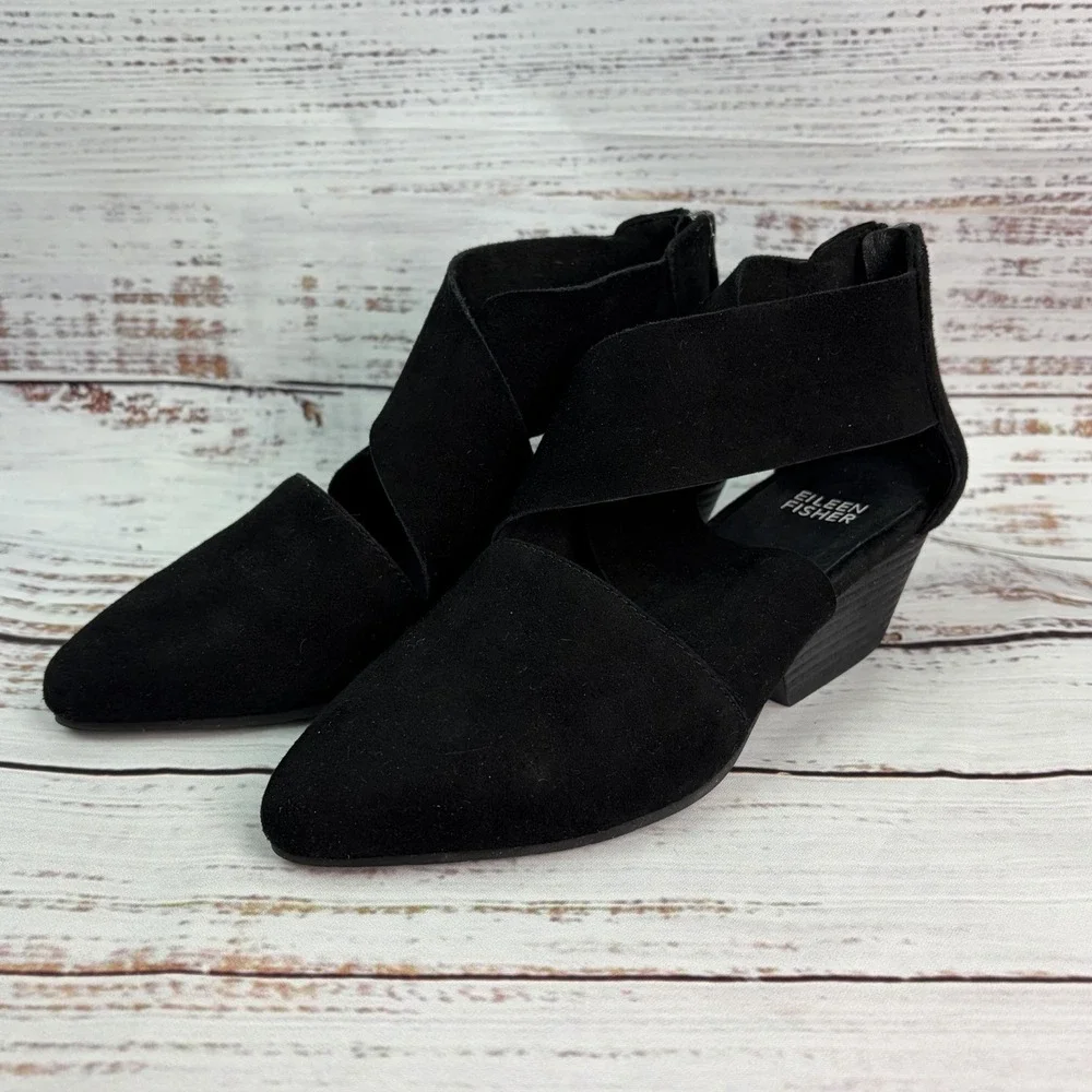 Eileen Fisher Black Suede Vera Pump Wrap Ankle Strap & Zipper Heel Size 5